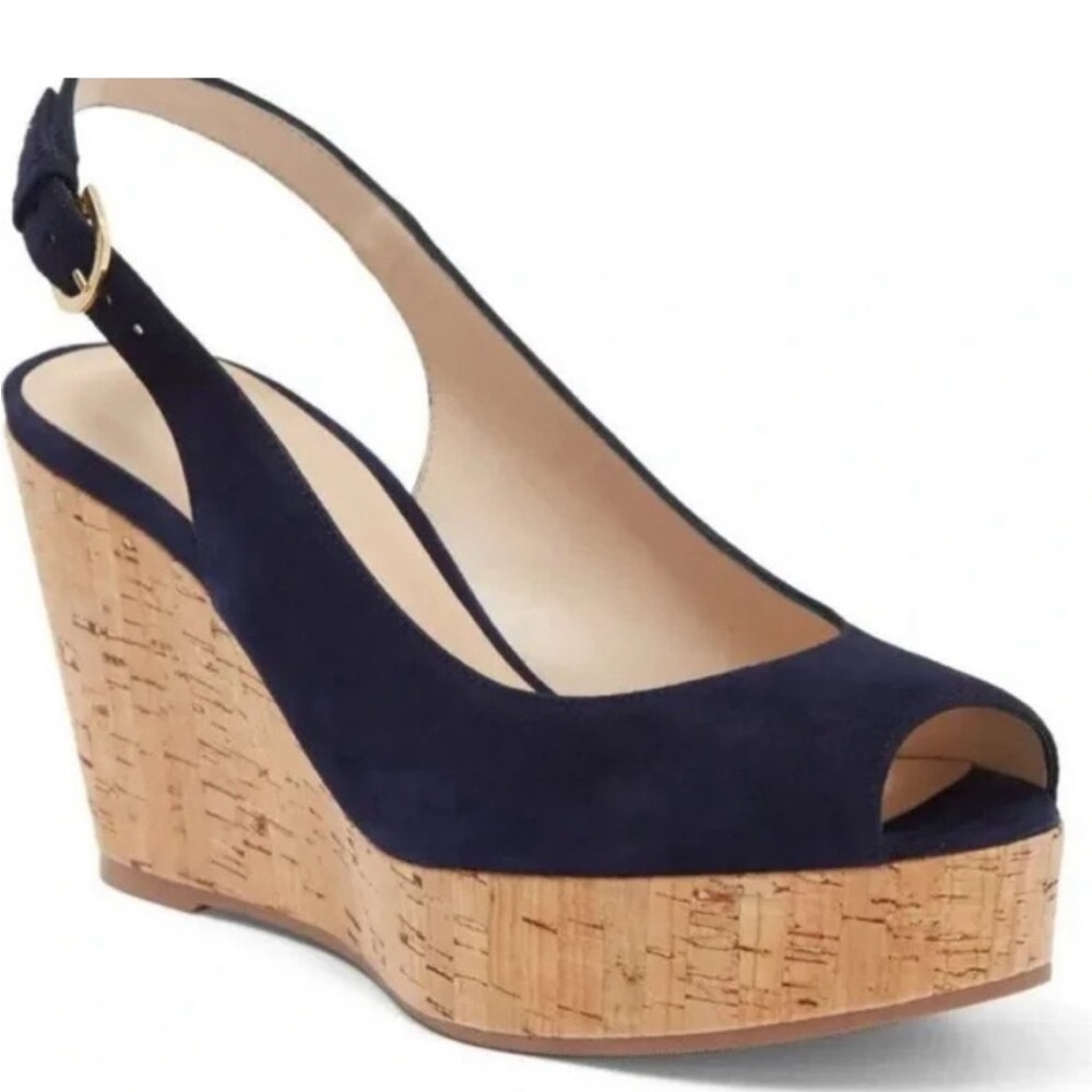 Stuart Weitzman blue suede peep toe wedge sandals